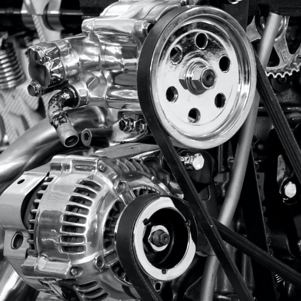 greyscale photography of car engine