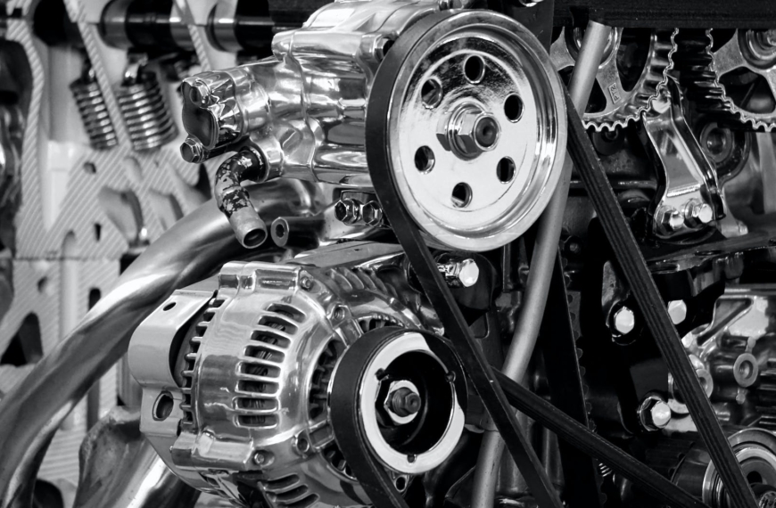 greyscale photography of car engine