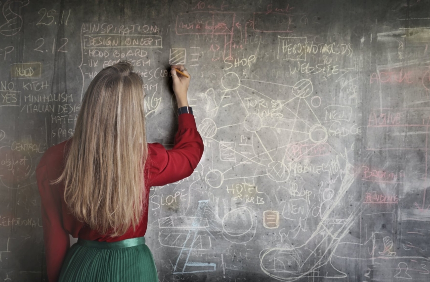 woman in red long sleeve writing on chalk board