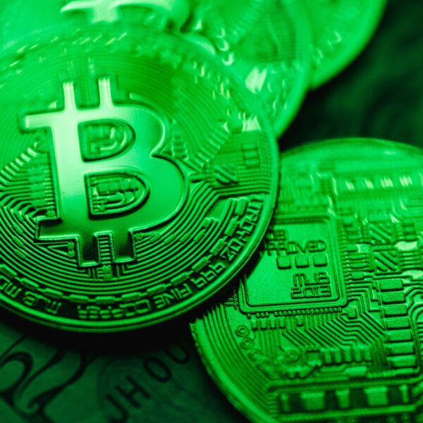 closeup of bit coins in a green light