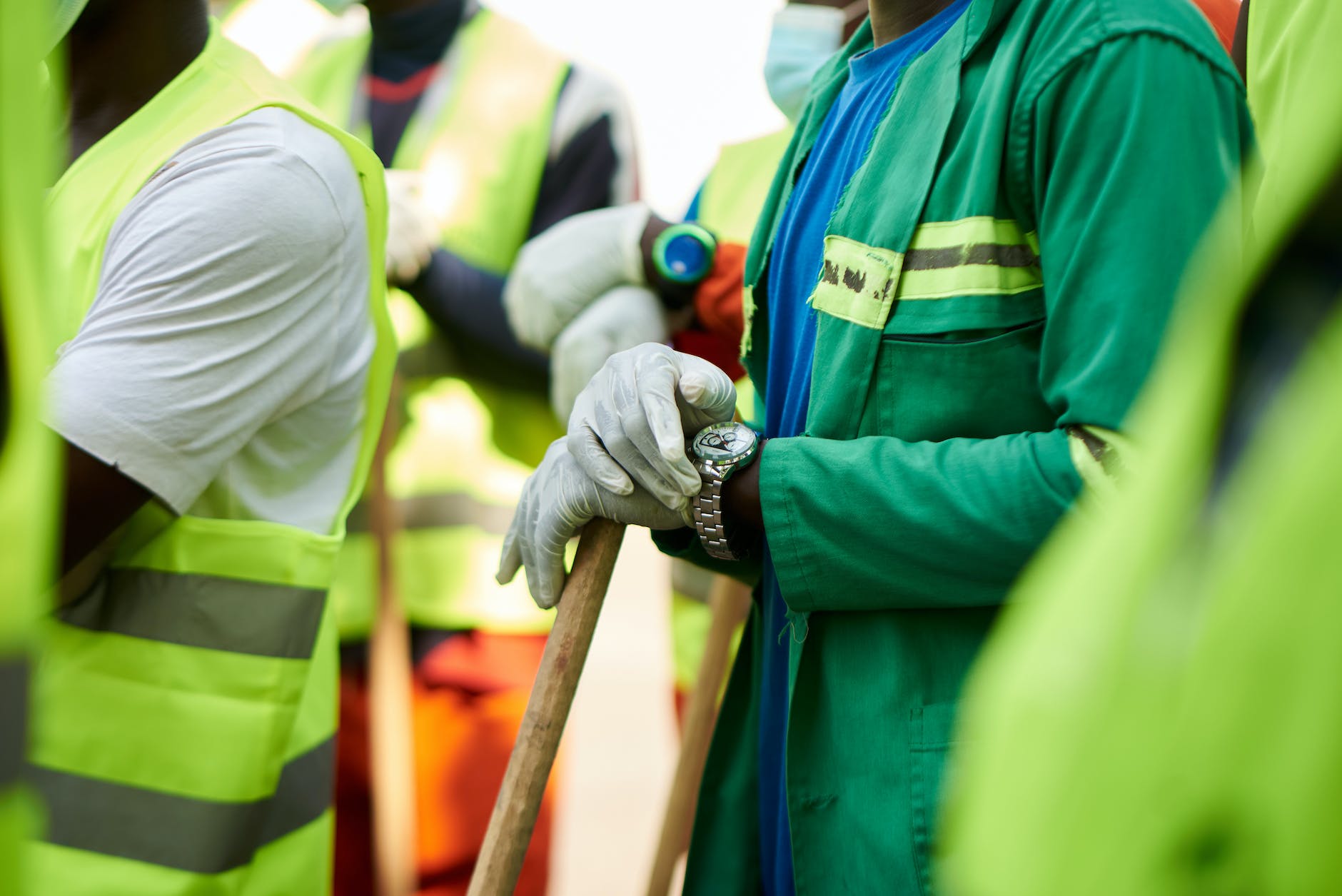 close up of workers standing