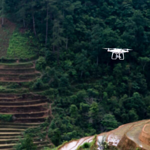 white drone flying above trees