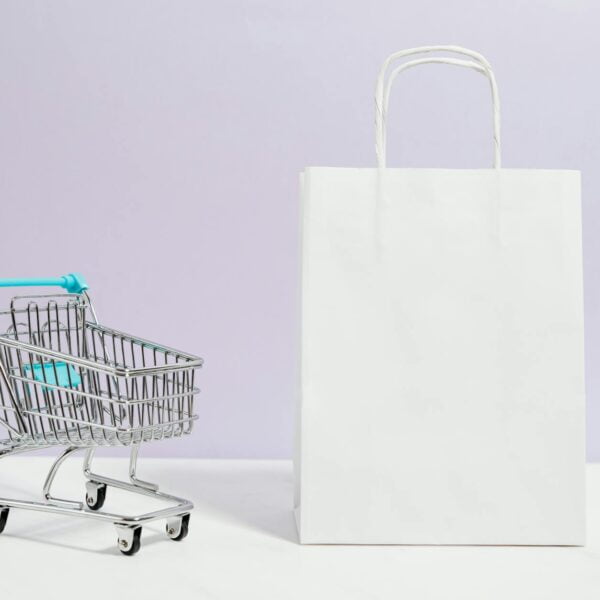 push cart and a white paperbag