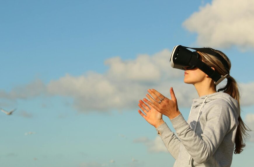 woman using vr goggles outdoors