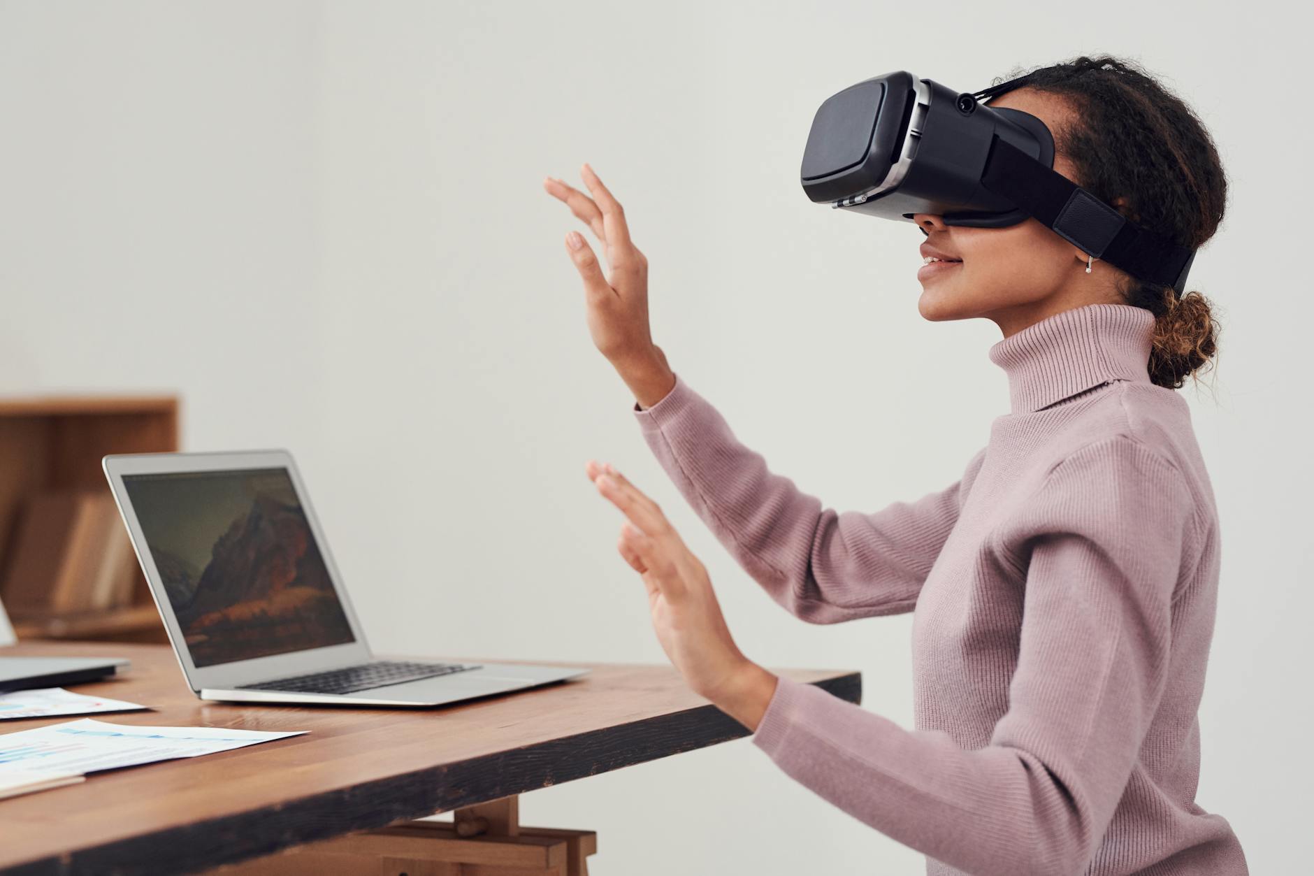 woman using virtual reality goggles