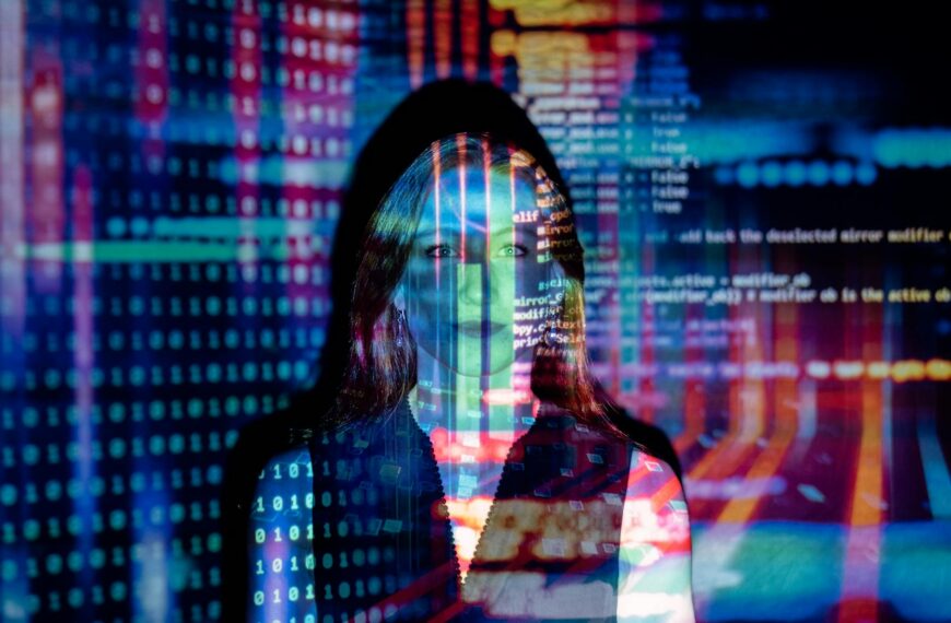 code projected over woman