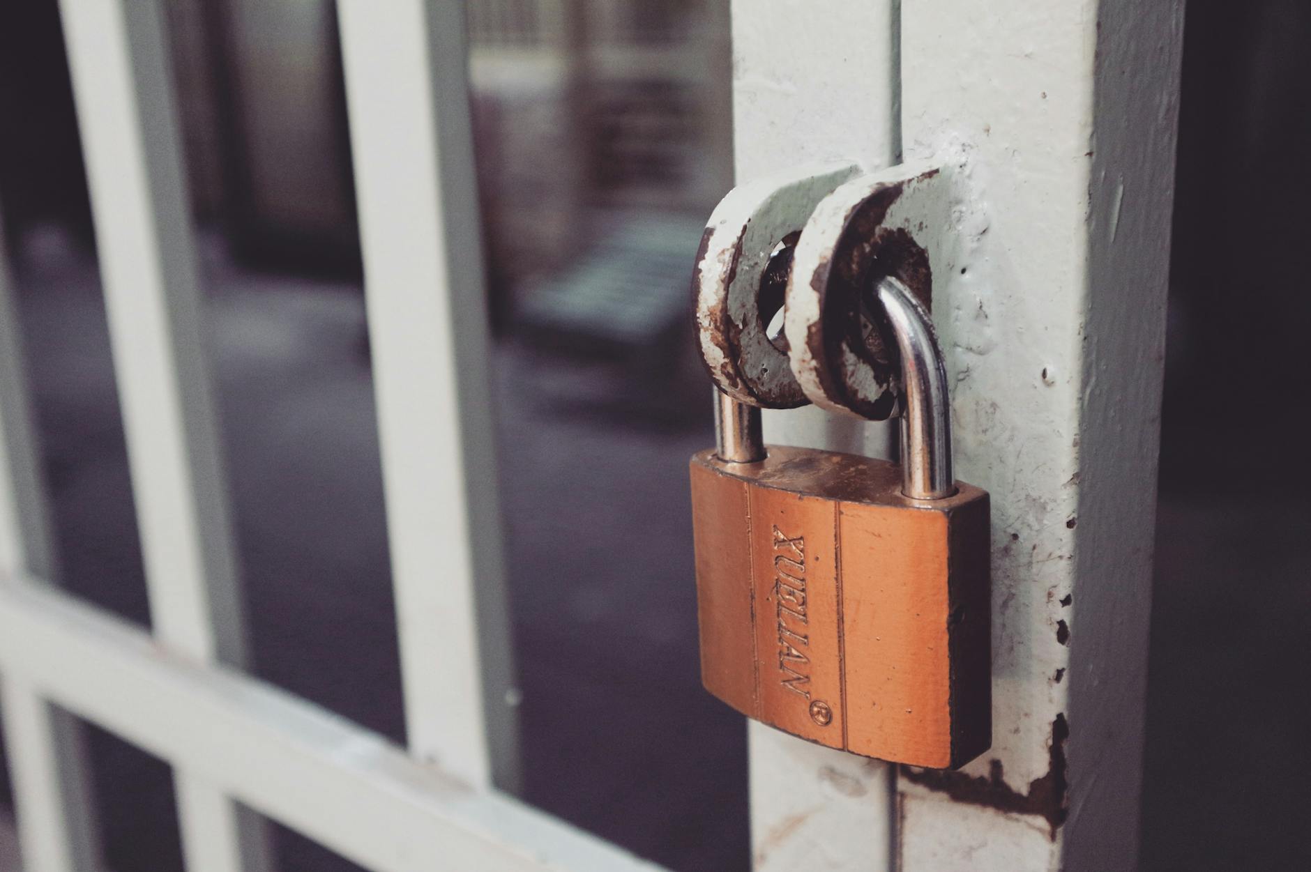 closeup photography of white gate with brass colored padlock