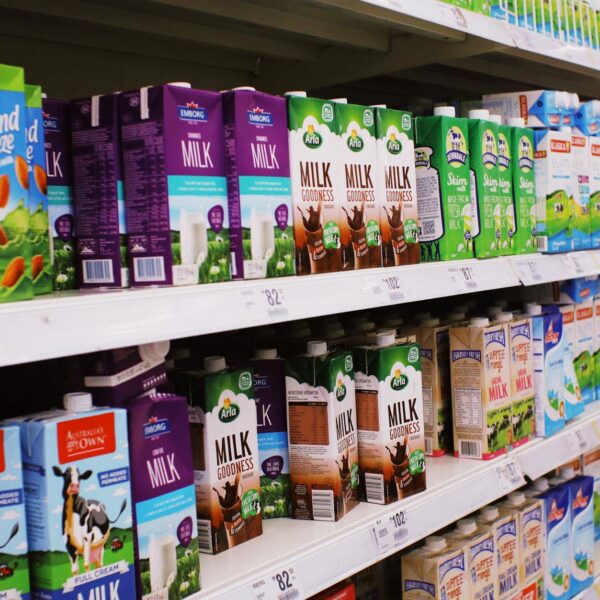 shelves with various milk boxes
