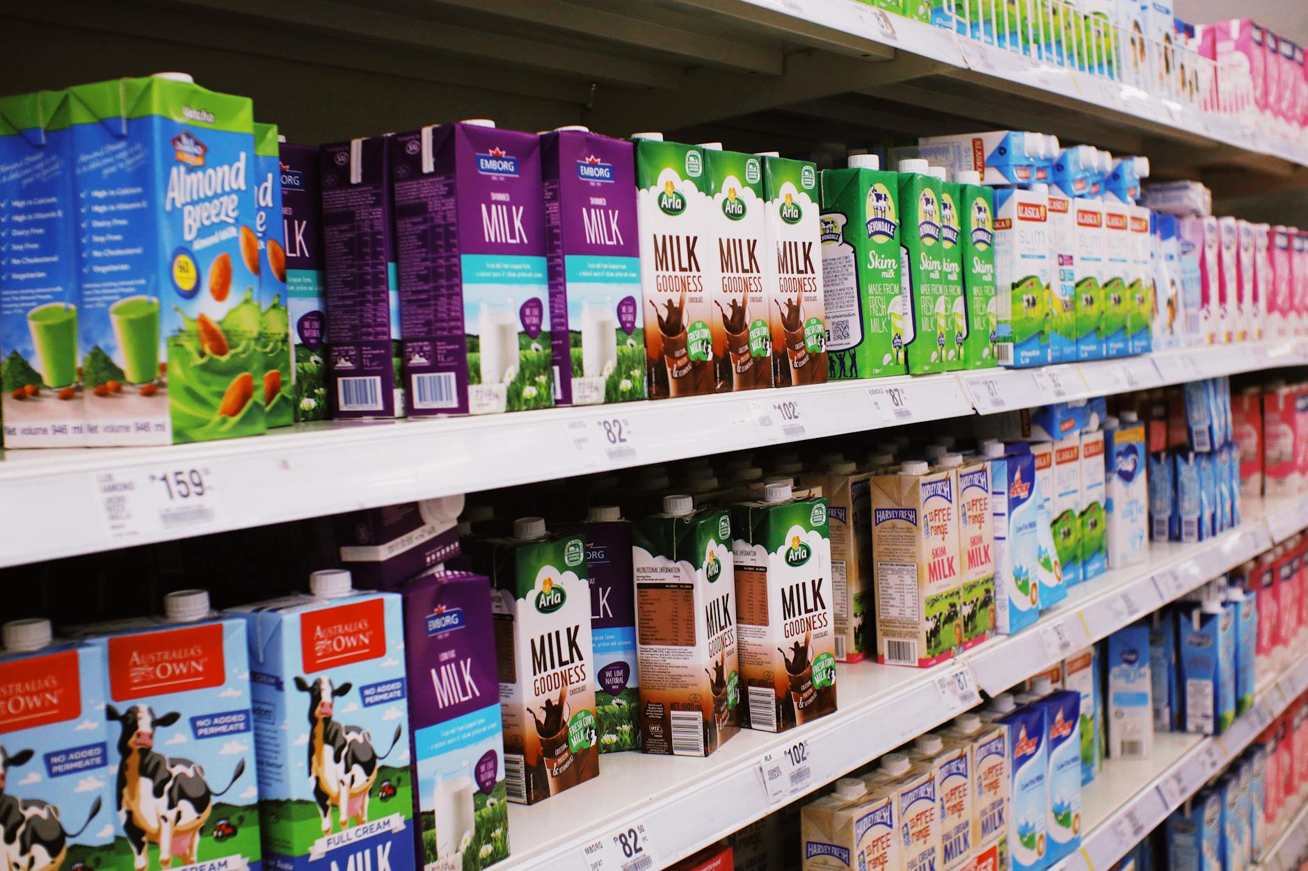 shelves with various milk boxes