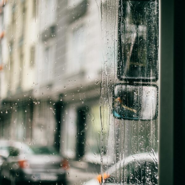 wet windscreen of bus in rainy day